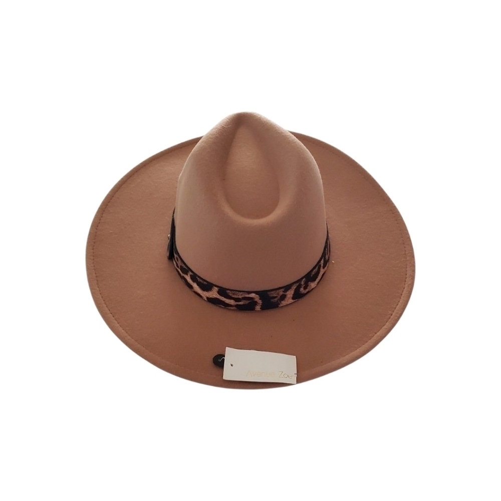 Avenue Zoe Tan Camel Fedora Hat With Leopard Band Wide Brim Boho Western NWT - Picture 3 of 6